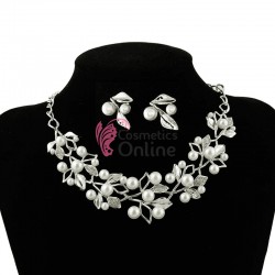 Colier cu cercei AS31D Argintiu cu cristale si perle